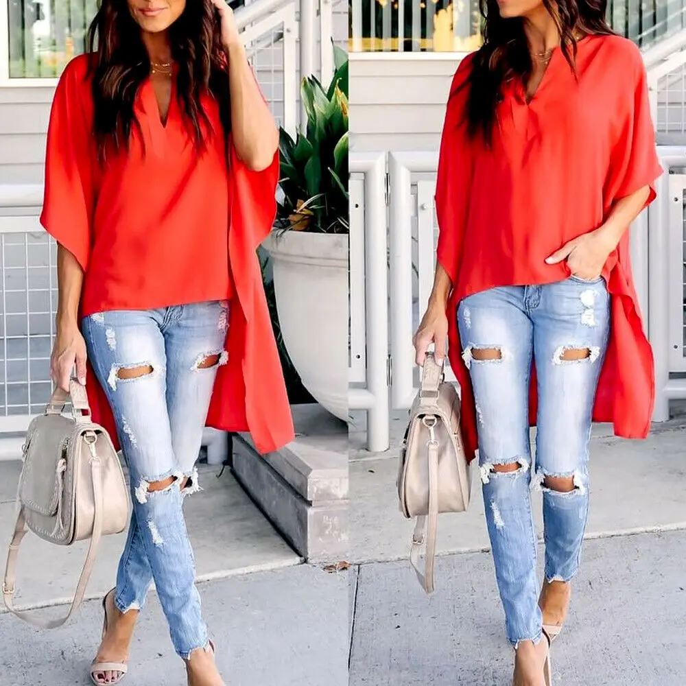 

Office Ladies Shirts Women Solid Blouse Casual V Neck Party Blouse Plus Size Blusas 2021 Summer Bohemian Tunic S-2XL