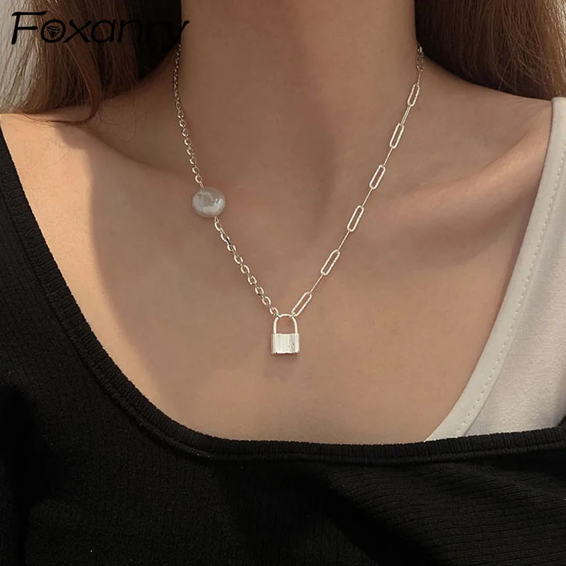 

Цепочка FOXANRY женская из серебра 925 пробы, элегантный кулон в стиле хип-хоп с замком, вечерняя бижутерия, хороший подарок для девушки