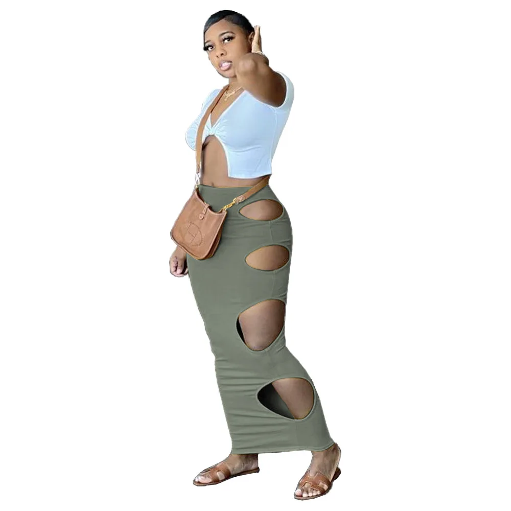 

SSEURAT Women Set Solid Short Sleeve Crop Tops Hollow Out Sheath Elastic Long Sikrts 2 Piece Set Sexy Fashion Streetwear Outfit