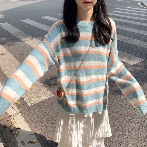 Striped Fashion Basic Hit Casual Loose All Match 2019 Female Women Long Sleeve Hot Sale College Wind Thin Sweaters | Женская одежда