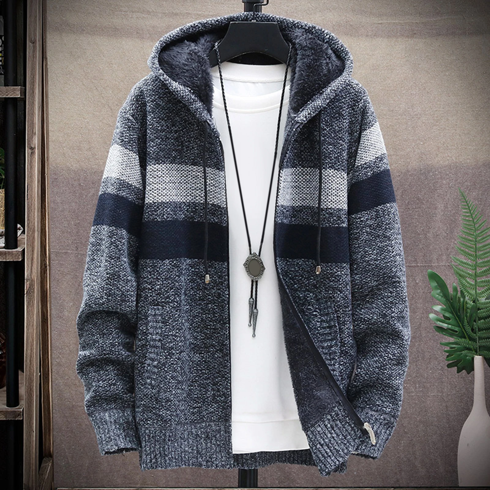 Мужская осенне-зимняя Толстовка с длинным рукавом вязаный кардиган капюшоном