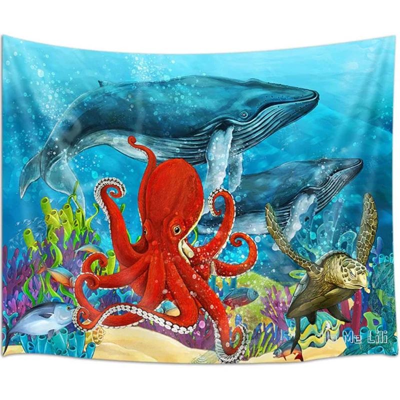 

Marine Life Octopus Turtle Shark Coral Reef Under Blue Sea Tropical Ocean By Ho Me Lili Tapestry For Room Dorm Decor