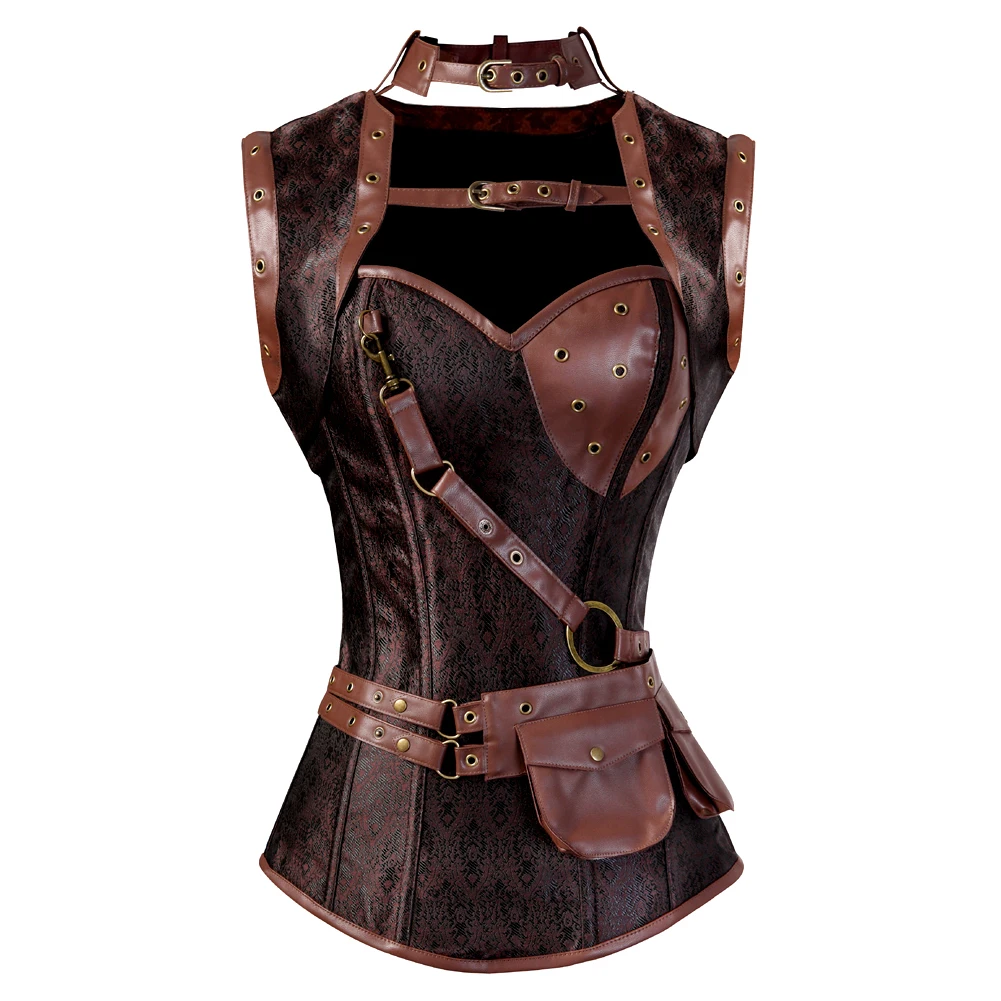 Steampunk Corset Women's Spiral Steel Boned Goth Retro Overbust Bustier Brown Silver Black Leather Jacket Corset with Plus Size