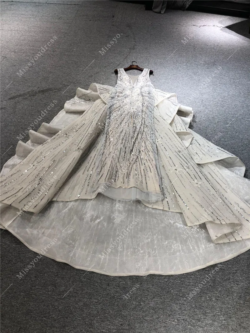 ZuhairMurad Silver High Quality Luxury Real Pictures Heavy Beads Deep V-Neck Floor Length Evening Party Prom Dance Bridal Dress