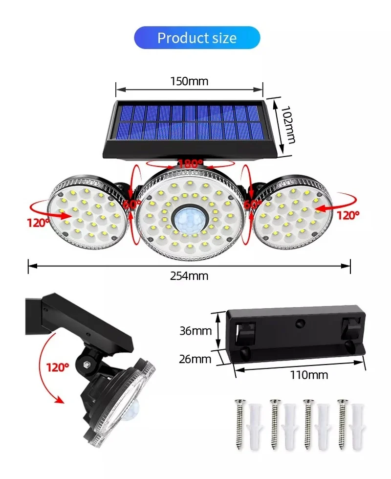 

70 LED Solar Lights Outdoor 3 Head Motion Sensor 120 Wide Angle Illumination Super Bright Waterproof Remote Control Wall Lamp