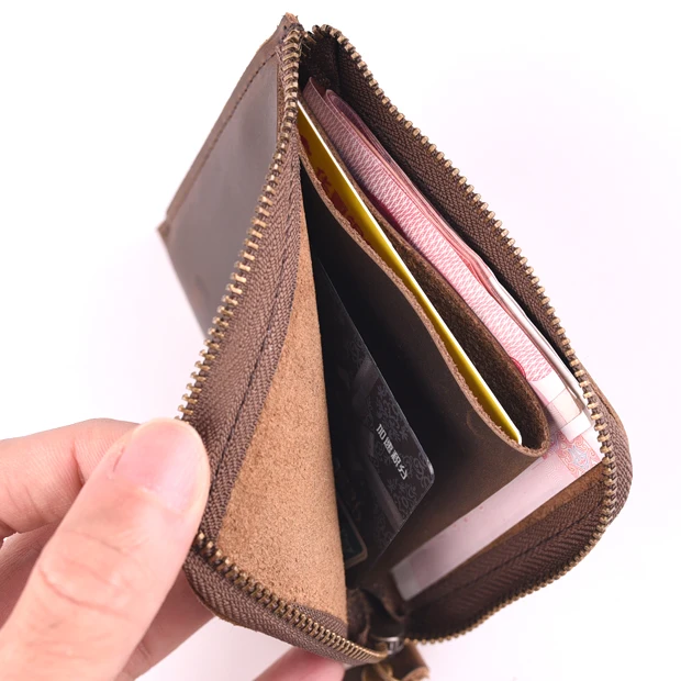 Винтажный кожаный кошелек Crazy Horse женский короткий на молнии дизайнерский тонкий