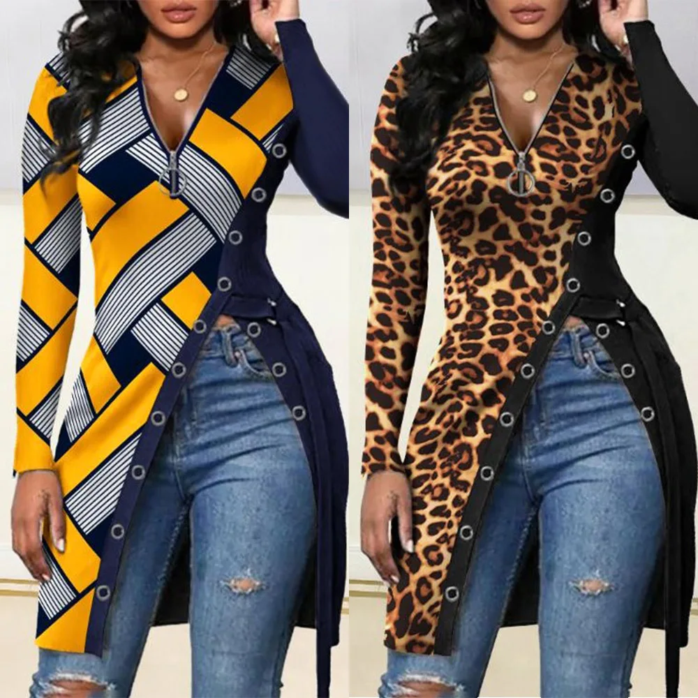 

Autumn Spring Female Blouses Irregular Leopard Plaid Ladies Tops Blouses Long Style Zipper V-Neck Women Tshirt Tee Shirt