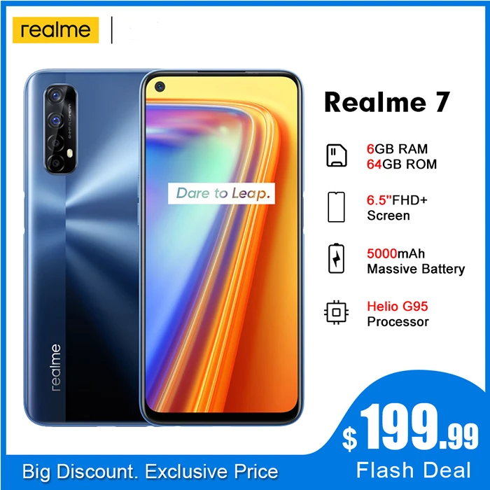 Смартфон realme 7 5000 мАч RMX2155 NFC 6 5 дюймов fhd + Гб 64 48 МП четыре камеры Helio G95