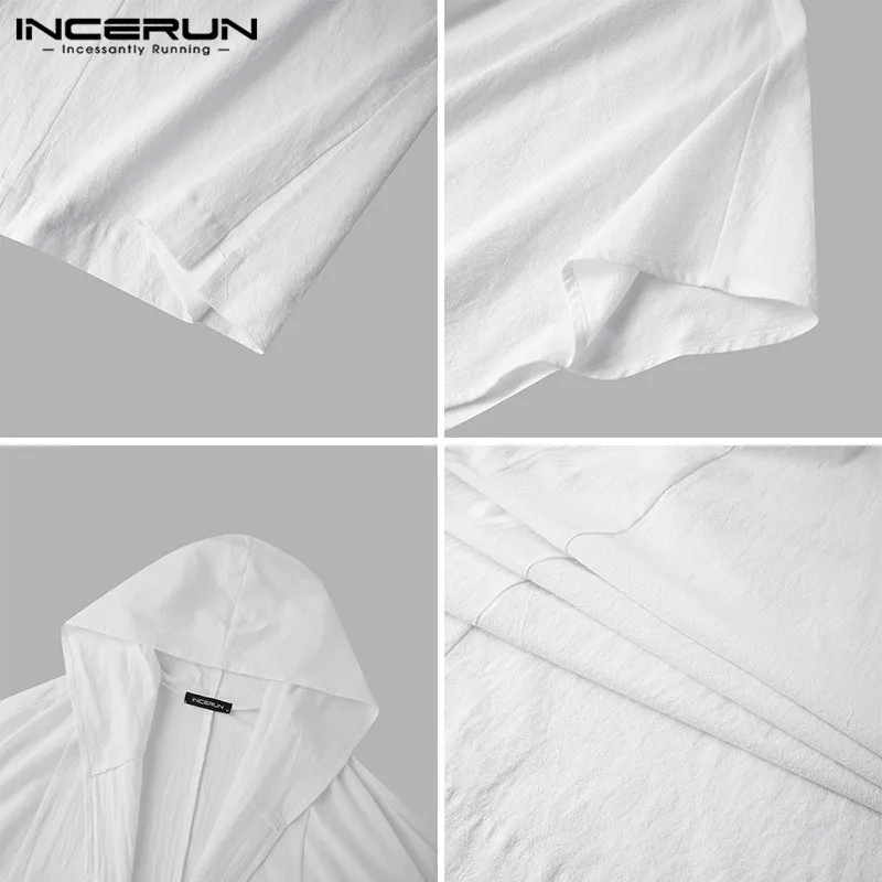 

Solid Color Vintage Cardigan Mens Trench Autumn Half Sleeve Open Stitch Coats INCERUN Man Retro Hooded Long Style Outerwear 5XL7