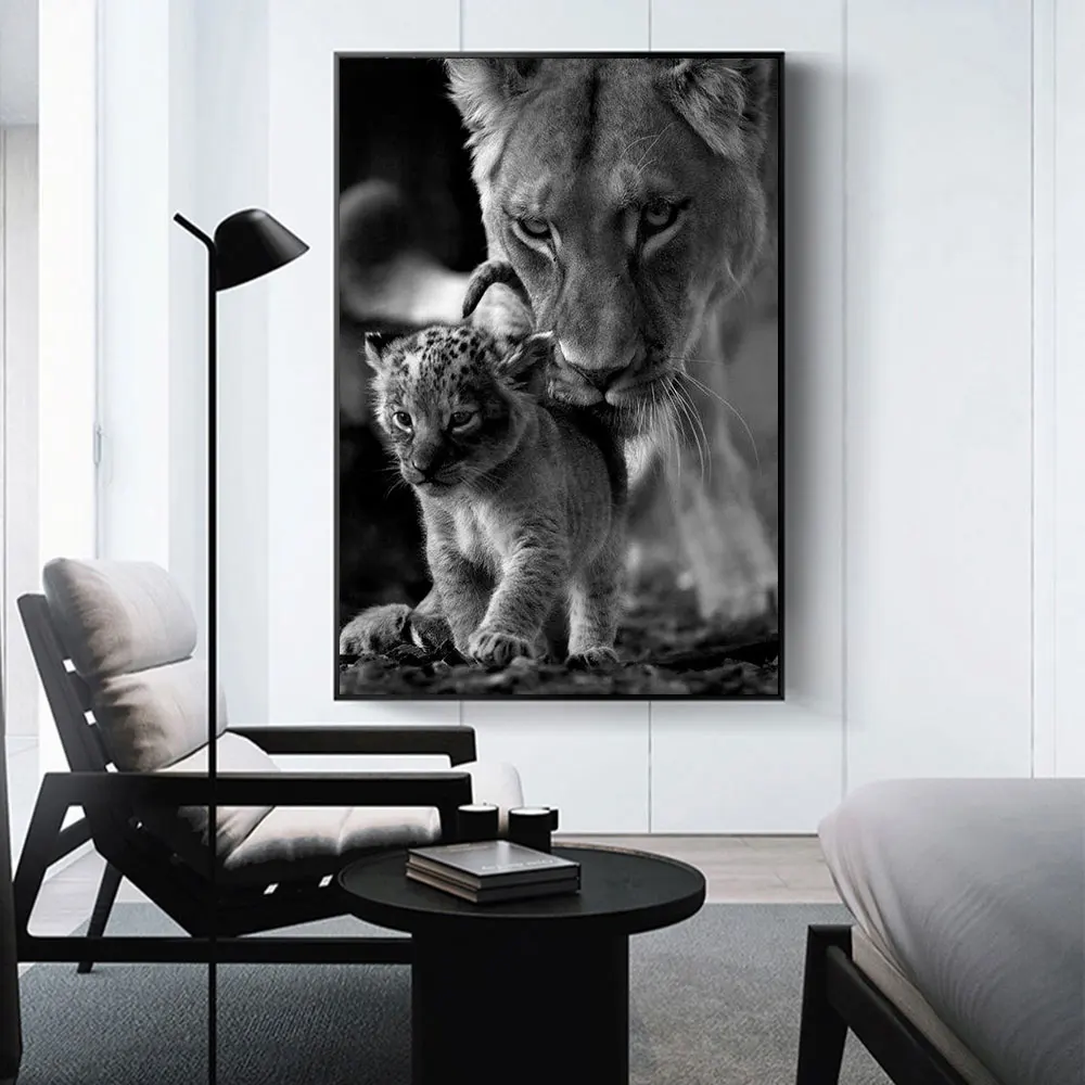 

Black and White Photography Art Canvas Painting Lioness and Cub Posters and Prints Picture Wall Art for Home Decoration Cuadros