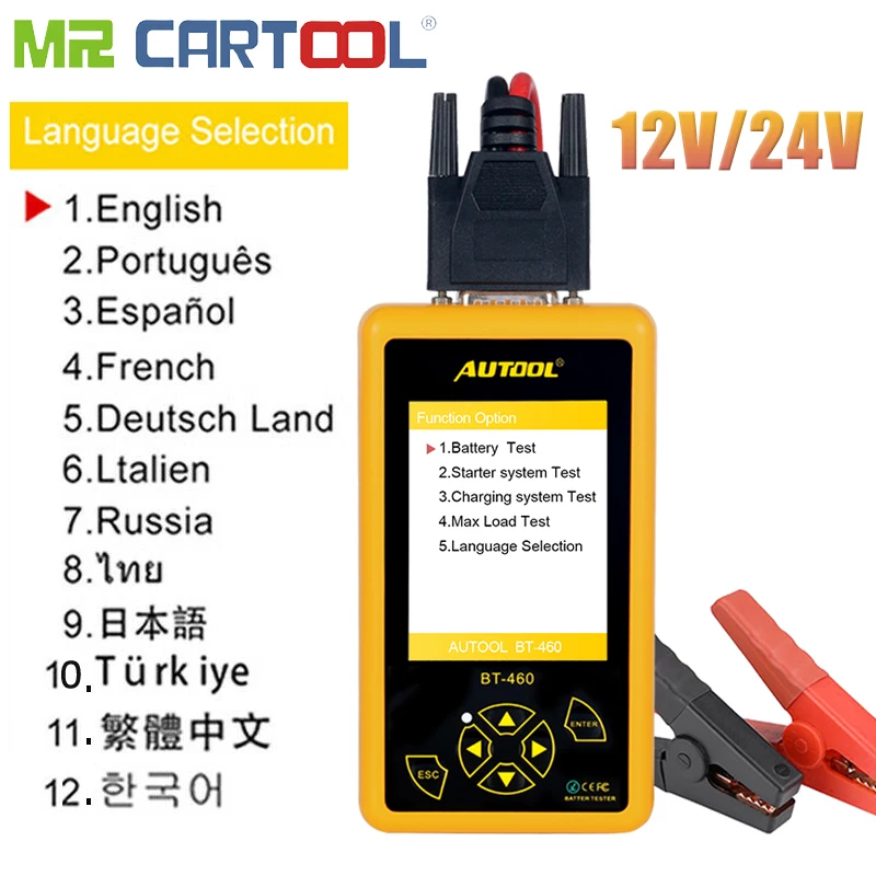 Mr Cartool BT460 автомобиля Батарея Тестер 12V 24V клеток анализатор транспортное средство диагностики автомобиля свинцово-кислотная на тонкопленочных транзисторах на тонкоплёночных транзисторах CCA красочные Дисплей
