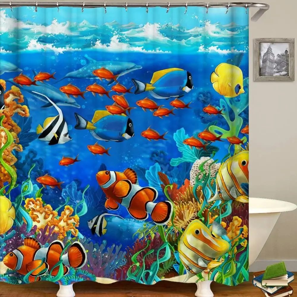 

Ocean Animal Decor Shower Curtain Tropical Fish Underwater Coral Reef Undersea World Waterproof Fabric Bathroom Shower Curtain