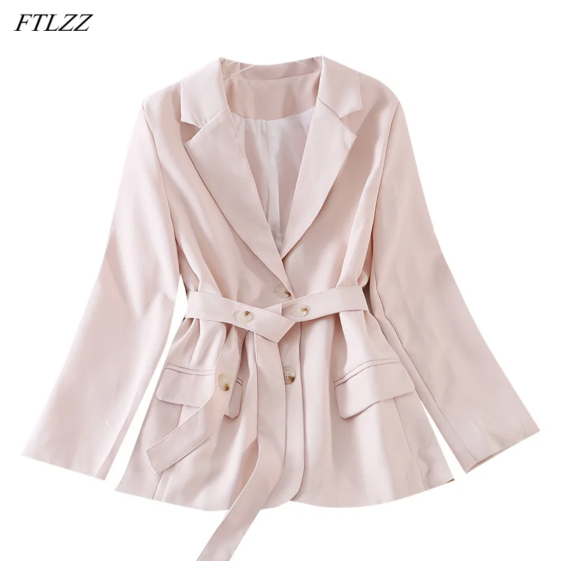 

FTLZZ New Autumn Winter Office Lady Solid Trench Coat with Belt Elegant Women Turn-down Collar Single Breasted Cardigan Coat