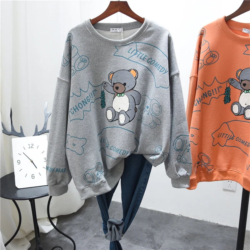 

2021 Spring Fall Korean Round Neck Pullover Lady Top Plus Size Cartoon Full Printed Bear Sweatshirt Student Long Sleeve Hoodie