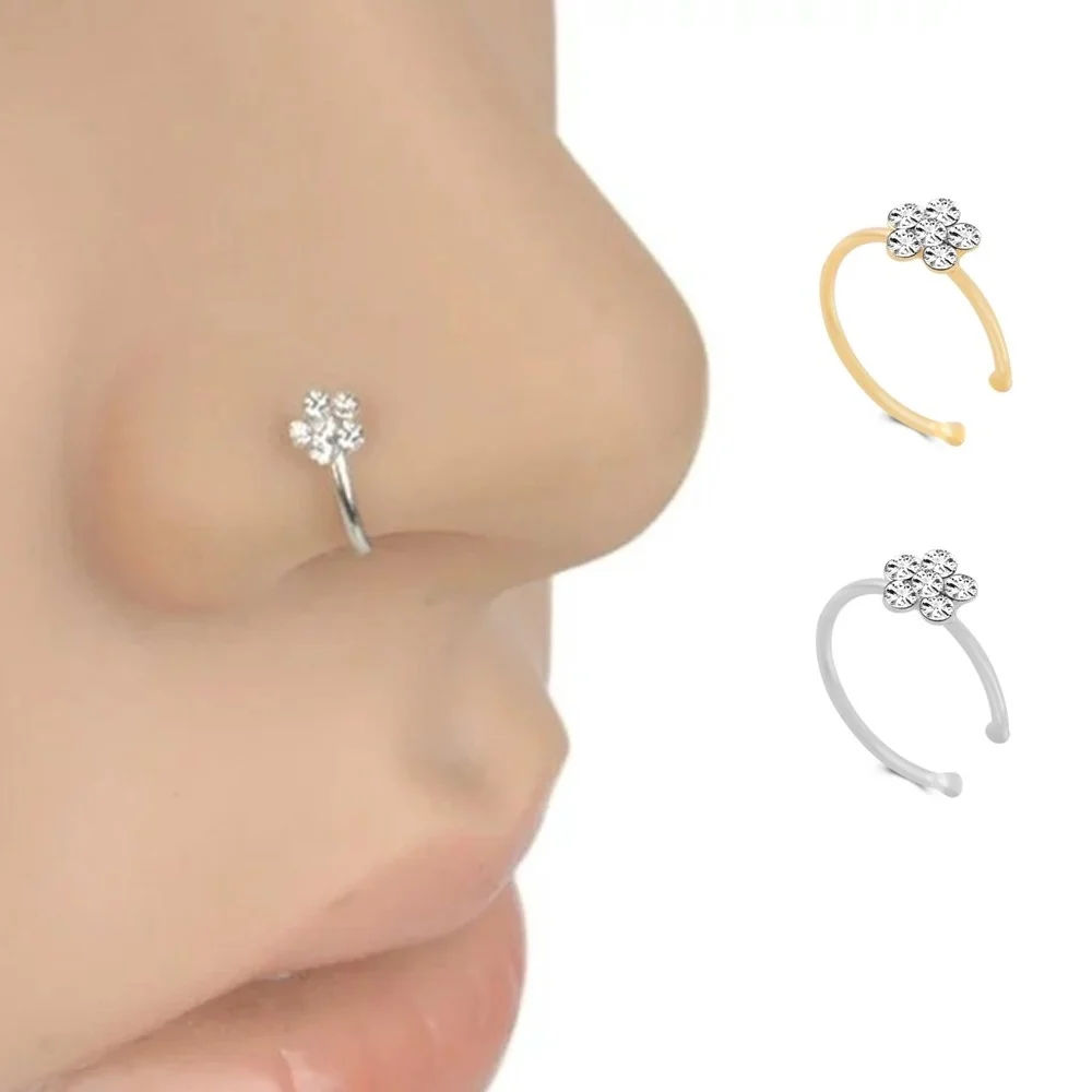 

FEECOLOR Small Thin 5 Clear Crystals Flower Charm Nose Hoop Stud Ring Jewelry