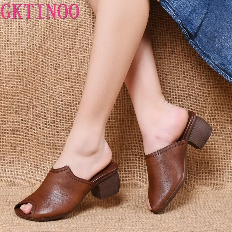 

GKTINOO/вьетнамки на высоком квадратном каблуке; Женские шлепанцы; Коллекция 2022 года; Летняя обувь; Женские модные Лоскутные женские туфли на н...