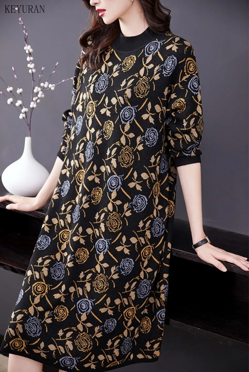 

Oversize Knit Dress Women 2021 New Autumn And Winter Retro Mid-Length A-Line Flower Jacquard Loose And Thin Base Sweater Dress