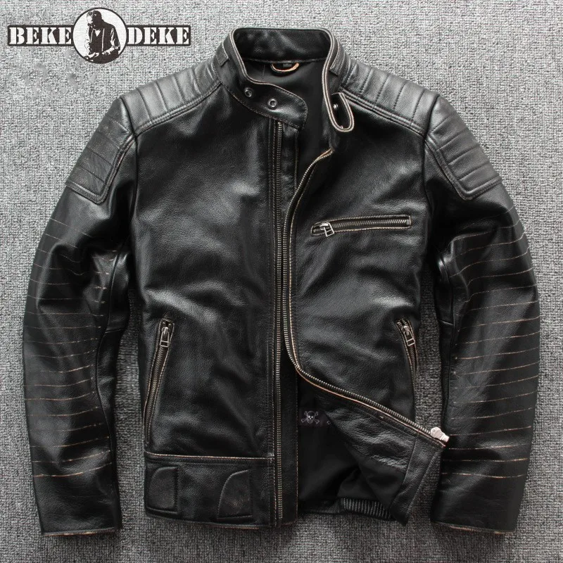 

Куртка мужская Байкерская из коровьей кожи, с воротником-стойкой, ветрозащитная, 100% натуральная кожа, тонкая мотоциклетная верхняя одежда