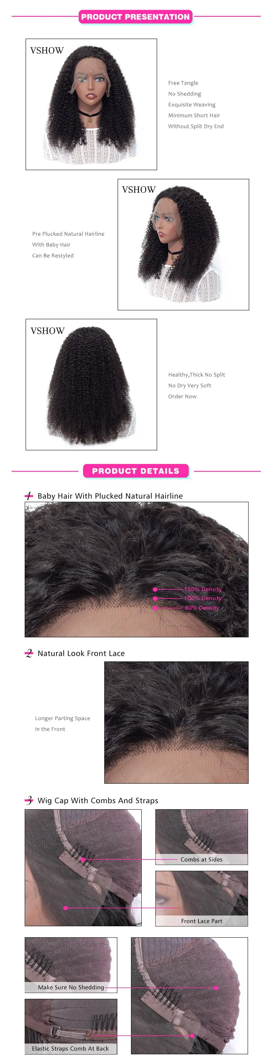 VSHOW 13*4 Mongolian Kinky Curly Lace Front Human Hair Wigs 150 180 Density Remy Hair Wigs Pre Plucked With Baby Hair