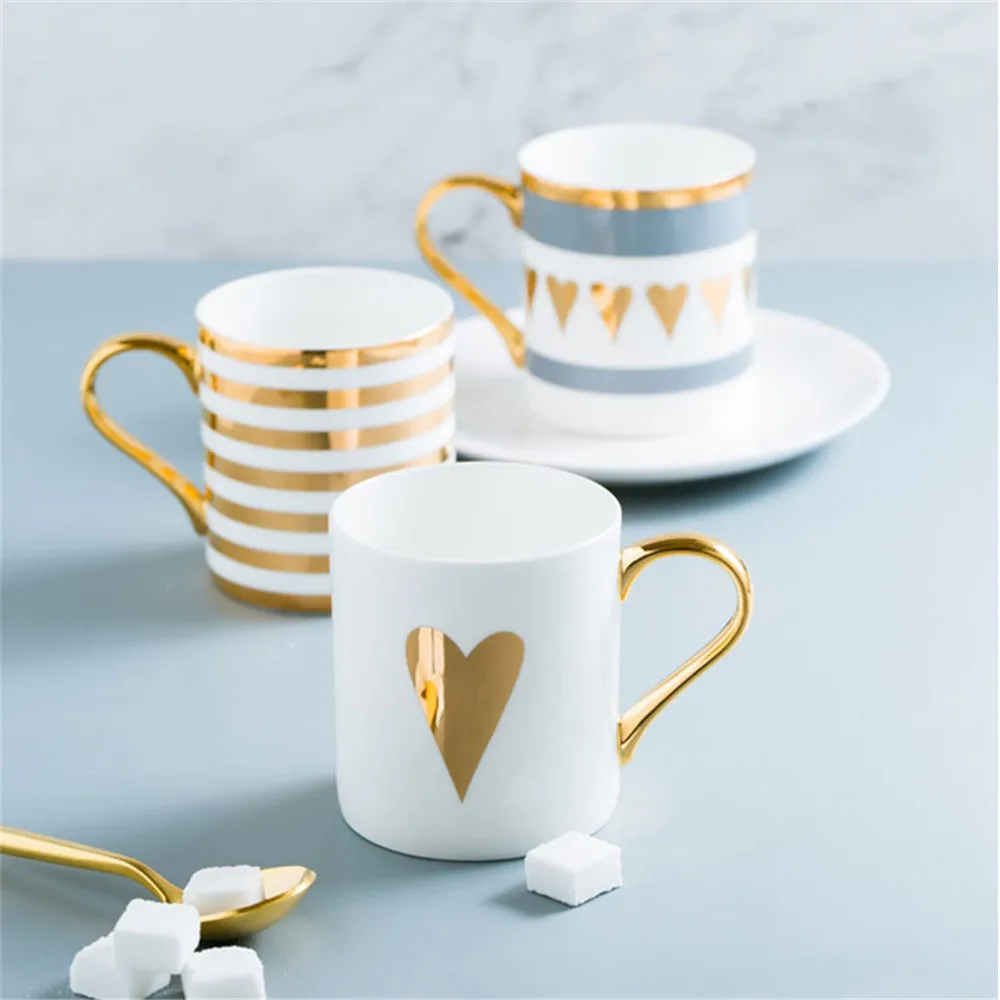 

Creative Ceramic Milk Mug Love Star Stripe Pattern Gold Plating Handle Cup Office Household Coffee Milk Tea Mugs Home Decoration