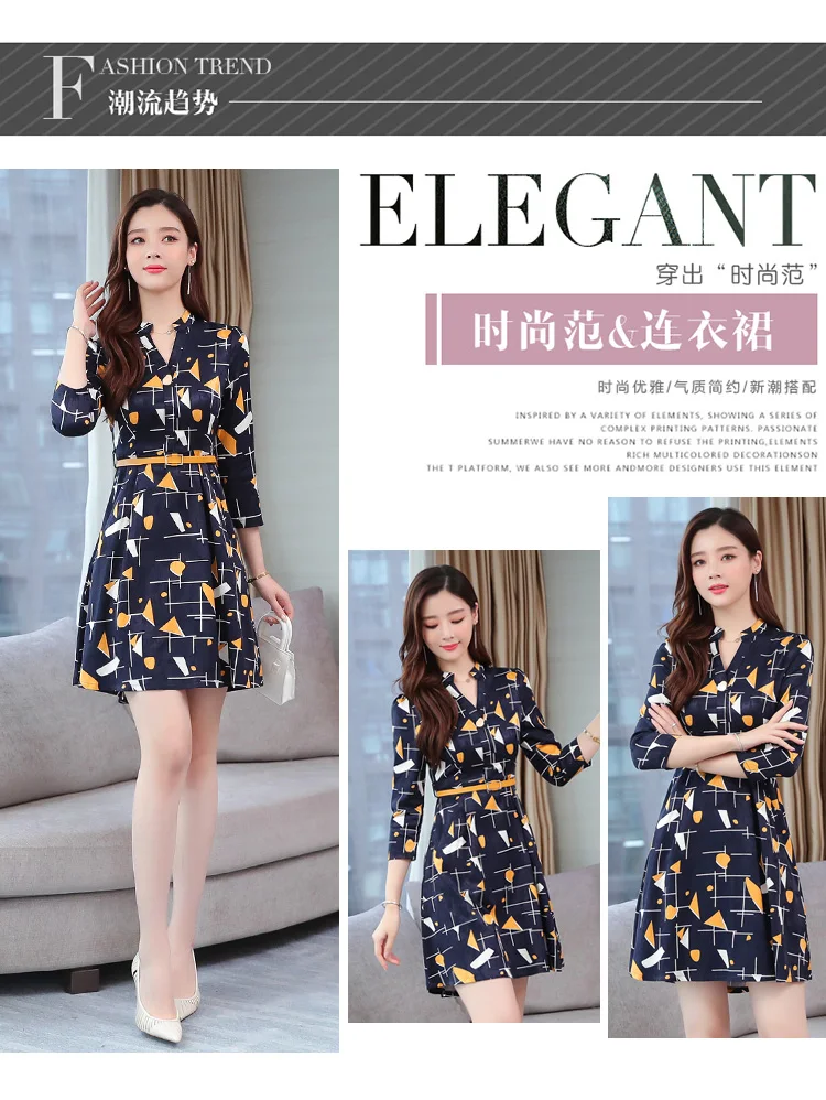 Vintage Print Chiffon Long Sleeve Mini Dress Autumn Winter Chic Plus Size Women Bodycon Dress Elegant Femal Party Vestidos