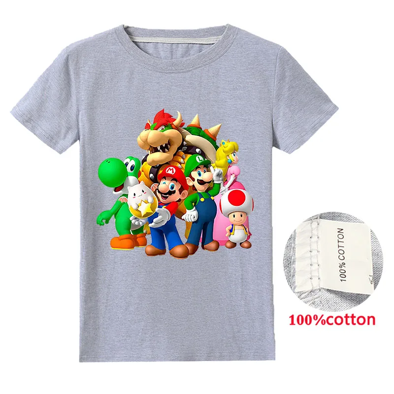 

New Summer 3-16Y Unisex Casual 100% Cotton Oversize Super Mriao Printed Kids Short Sleeve T-Shirt