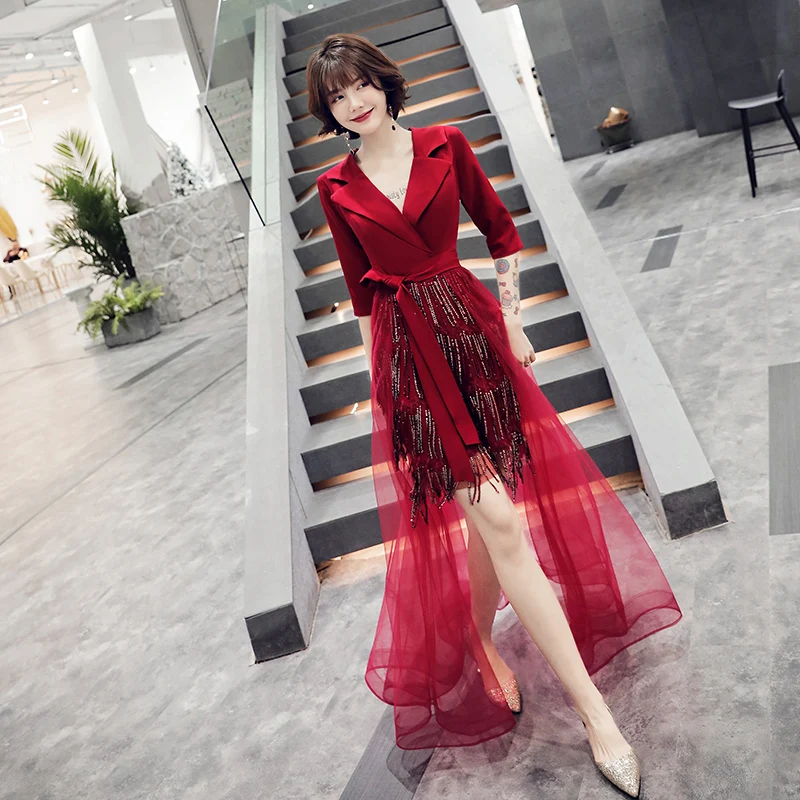 

2020 Evening Dresses Half Sleeves Belted Ankle Length Elegant Wine Red Prom Gowns Party Dress V-Neck