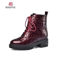 rosstyle luxury woman winter ankle boot high quality genuine leather round toe think heel shoes classic lace up warm retro boots