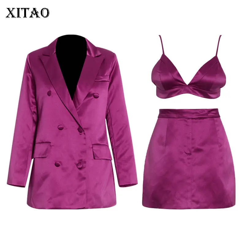 

XITAO Temperament Women Dress Sets Fashion Notched Collar Suit Coat Sling Top Short Mini Wrap Skirt Three-piece Suit WMD1930