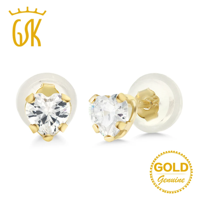 Серьги-гвоздики GemStoneKing 14K желтое золото 3 мм в форме сердца белые CZ с винтовой