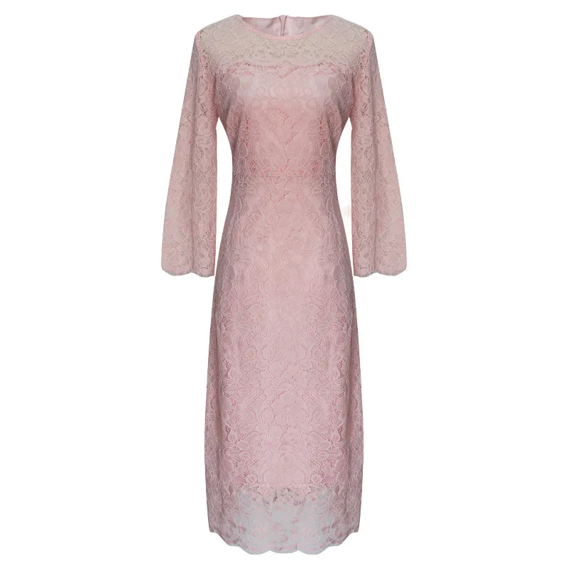 

3/4 Sleeve Elegant Dress Spring 2021 Pink Sweet Flower Embroidery Hollow Out Lace Dress Women 3XL 4XL 5XL Plus Size Vestido Slim
