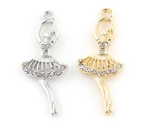 

Подвеска в виде танцующей девушки со стразами, Ювелирное Украшение для изготовления ожерелья с плавающими медальонами, 20 шт./лот, 31x13 мм (золото, серебро)