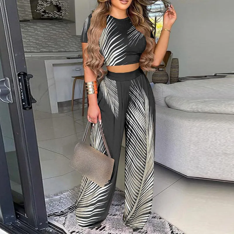 

Women Loose Printed Suits Short Sleeve Cropped Tops Wide Leg High Waist Pants Office Ladies Casual Suit 2 Piece Set Summer 2021