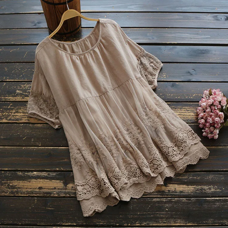 

Women Plus Size Lace Stitching Blouse 2020 Embroidery Shirts Short Sleeve Solid Female Layers Summer Shirt
