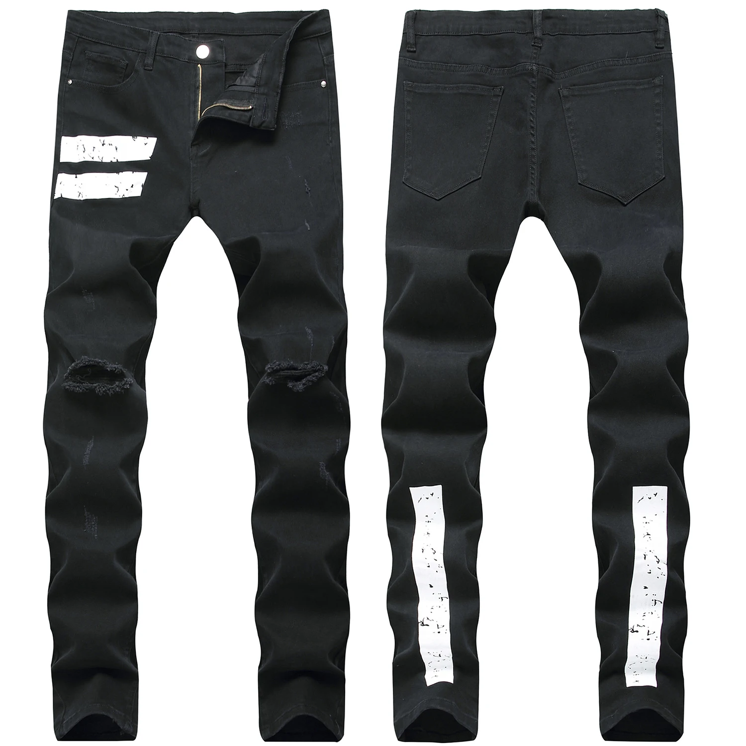 

High Quality Men’s Slim-fit White Stripe Print Black Denim Pants,Hole Ripped Decorating Street Jeans,Stylish Sexy Stretch Jeans;