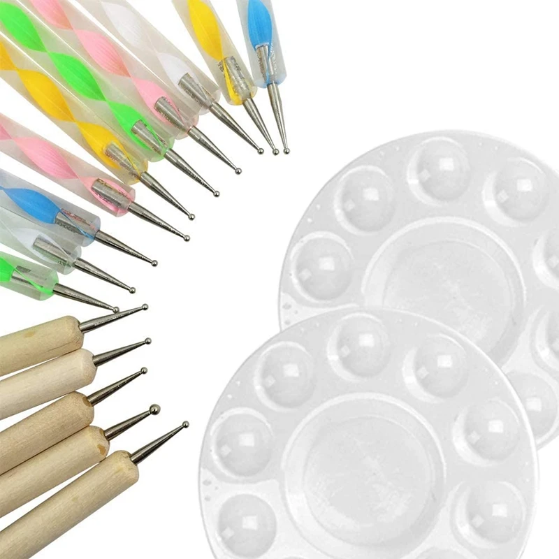 

15Pcs Dotting Tools+2Pcs Round Palettes Dot Pen Tool Painting Tray Kits for Pottery Clay Modeling Embossing Nail Art
