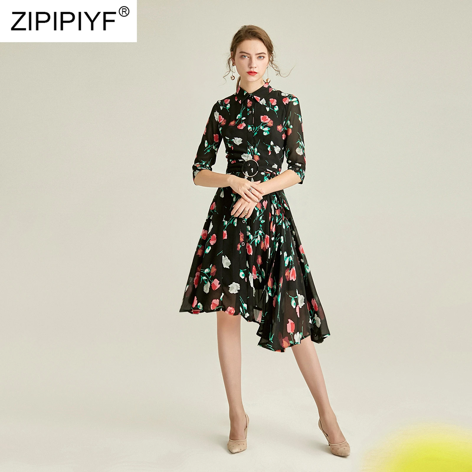 

2020 Women's Floral Print Dress Spring Half Sleeve Turn Down Collar Chiffon Dresses Butterfly Knee-Length Casual Dress Y51