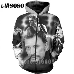 Мужская толстовка LIASOSO, с 3D-принтом, с изображением огненной рок-звезды, Джонни Холлидей, на молнии, Модный женский топ, толстовка, рубашка с капюшоном