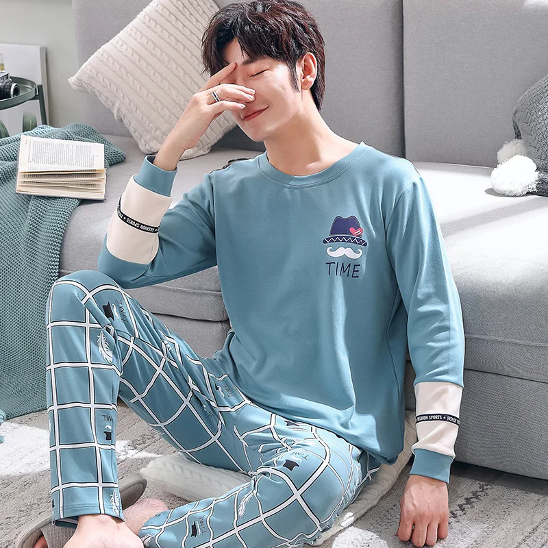 

L-4XL Sleepwear Winter and Autumn Mens Pyjamas Cotton Long-sleeve Casual Pajamas Green Avocado Men Pajama Set Hedging Plus Size