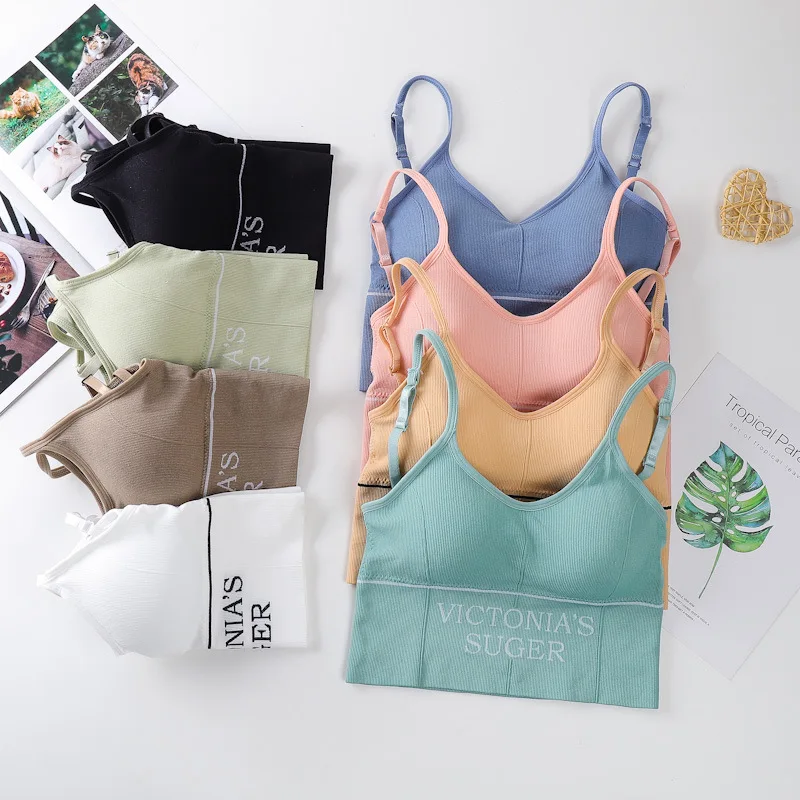 

Summer Outer Wear Beauty Back VS Lettered Sports Wrap-around Vest Slim Fit Underwear Top Shirt with Narrow Straps Sleeveless Sho