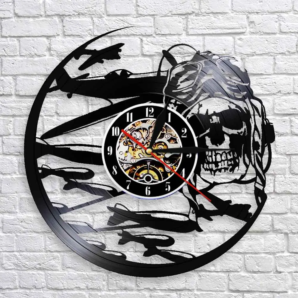 Retro Pilot Skull Wall Clock Aviator Skeleton Vinyl Record Airplane Flying Jet Helmet Hipster Goggles Deco | Дом и сад