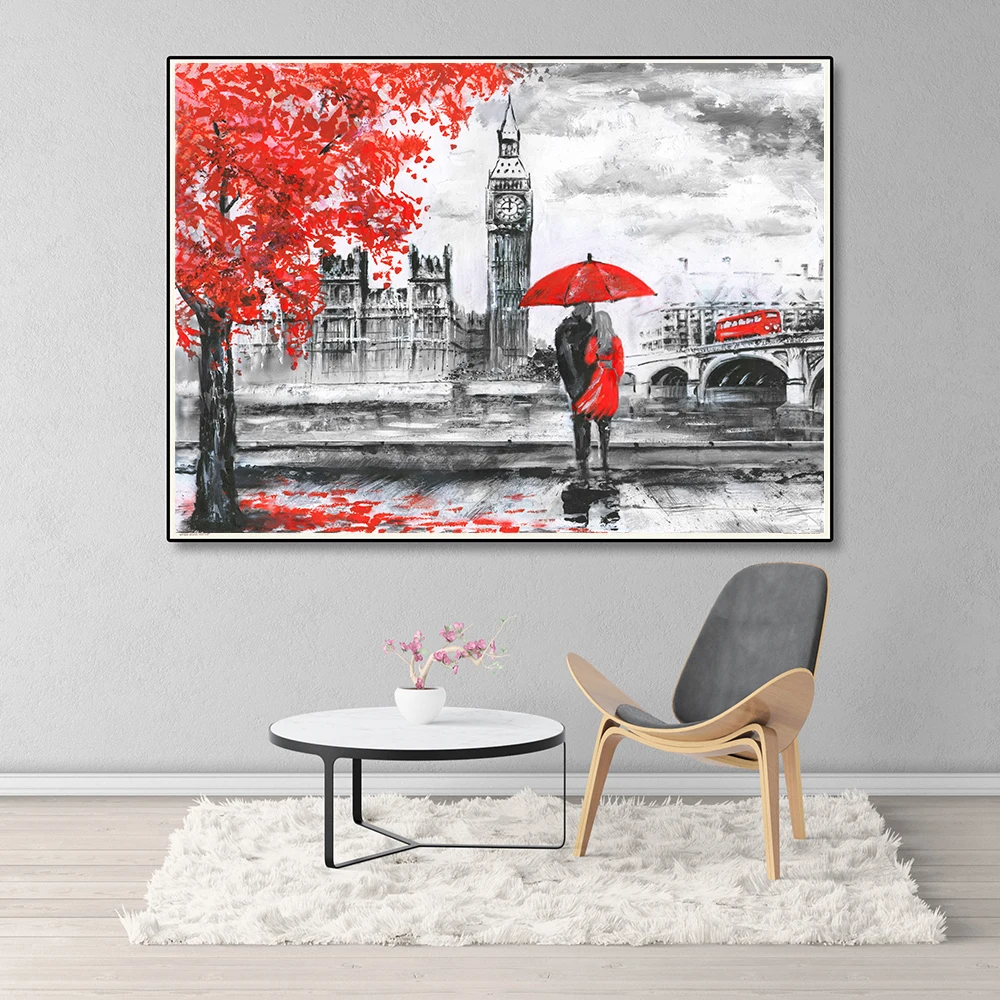 Улица из масляной живописи большой размер вид реки и автобуса на мосту картина