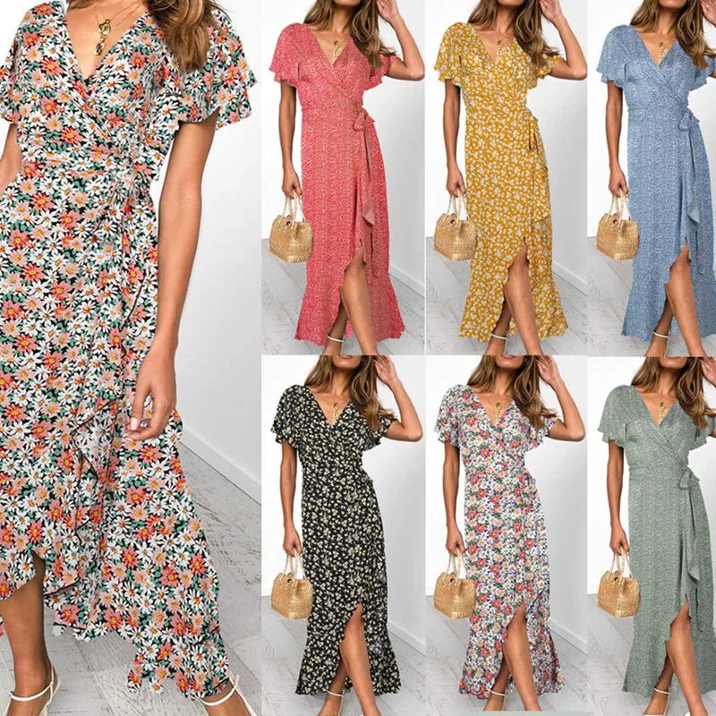 

OLOMLB 2021 Summer New V Neck Short Sleeve Split Long Women Dress Irregular Ruffle Fashion Elegant Floral Print Belt Femme Dress