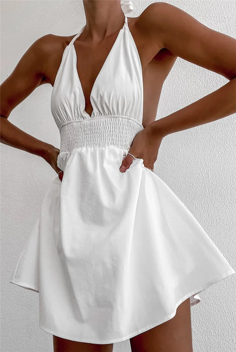

2022 Summer Sexy Backless Women's Dress Casual Halter V-neck Sleeveless White Dress Female New Party Club Fashion Clothes Lady