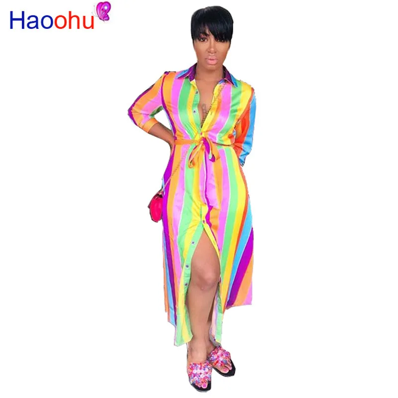 

Rainbow Striped Shirt Maxi Dress Long Sleeve 2019 Fall Fashion Women Clothing Vestidos Casual Elegant Ladies Dresses