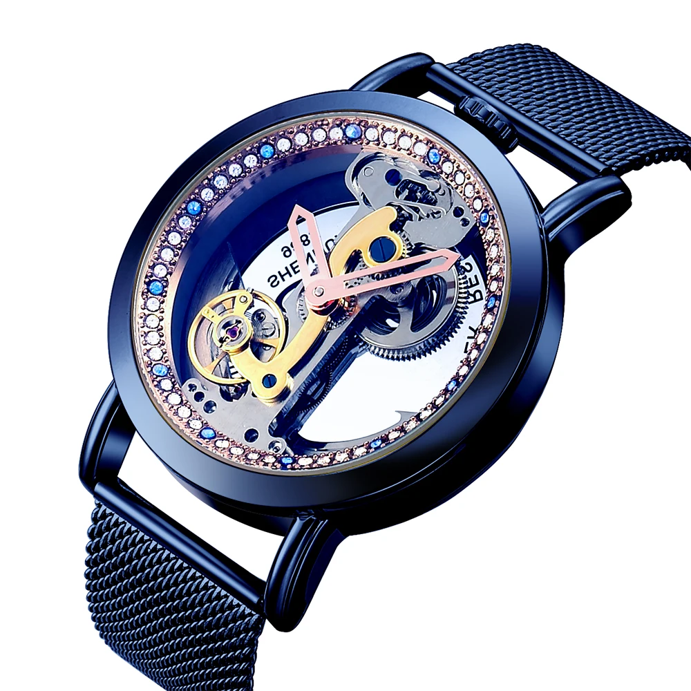 Classic Large dial Women Mesh Strap Mechanical Watches Transparent Skeleton Fashion Diamond Luxury Women automatic Watches Clock