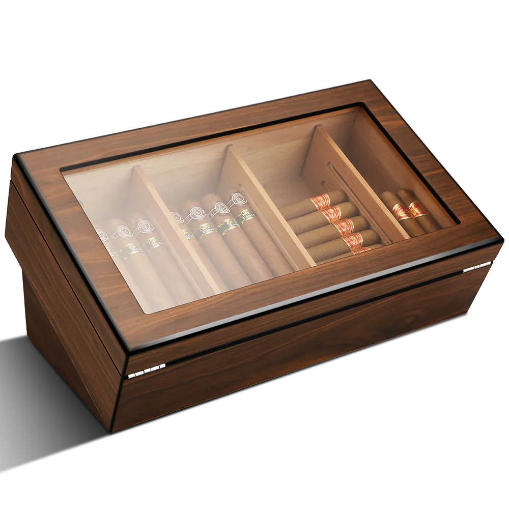 

Piano Paint Cigar Display Humidor Cedar Wood Cigar Humidor With Safety Lock Humidifier Hygrometer Glass Top Cigar Display Box