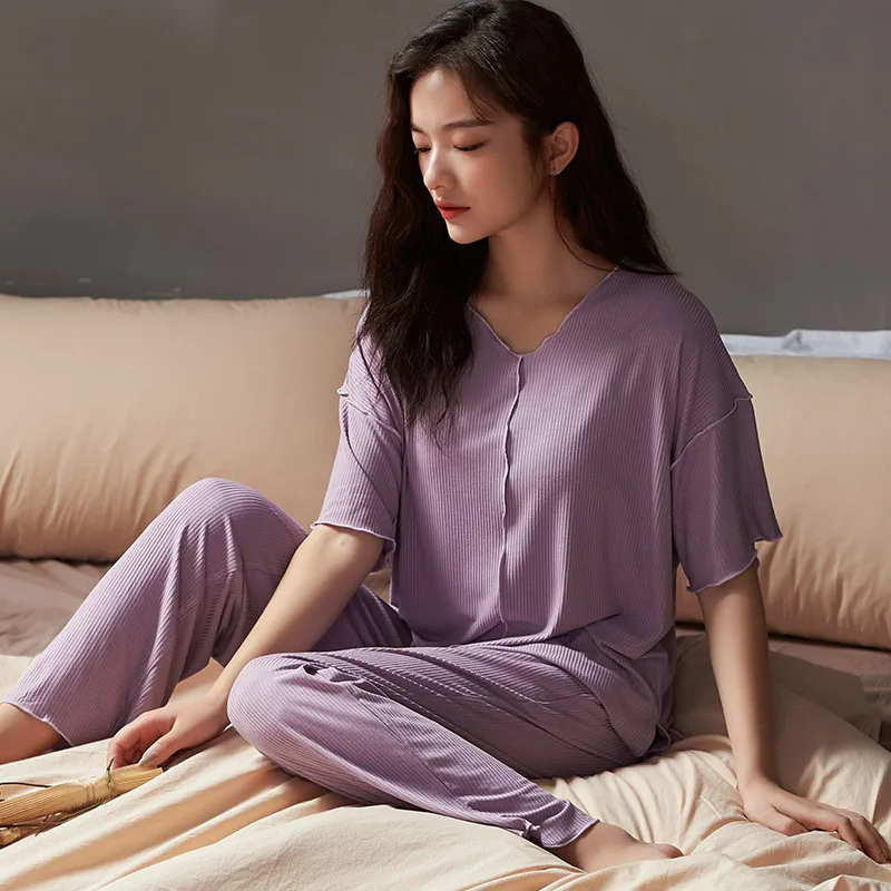 Modal Cotton Pajamas Women's Set 2021 Summer Sleepwear Short Sleeve Trousers Nightwear Cool Elastic Home Suit Lounge Wear