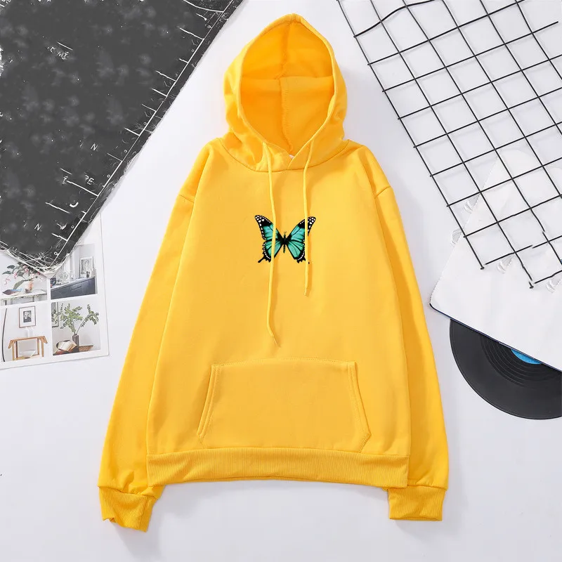 

2021 Women Sweatshirt Hoody Ladies Hooded Butterfly Printed Casual Pullovers Girls Long Sleeve Autumn Winter Clothes Plus Size