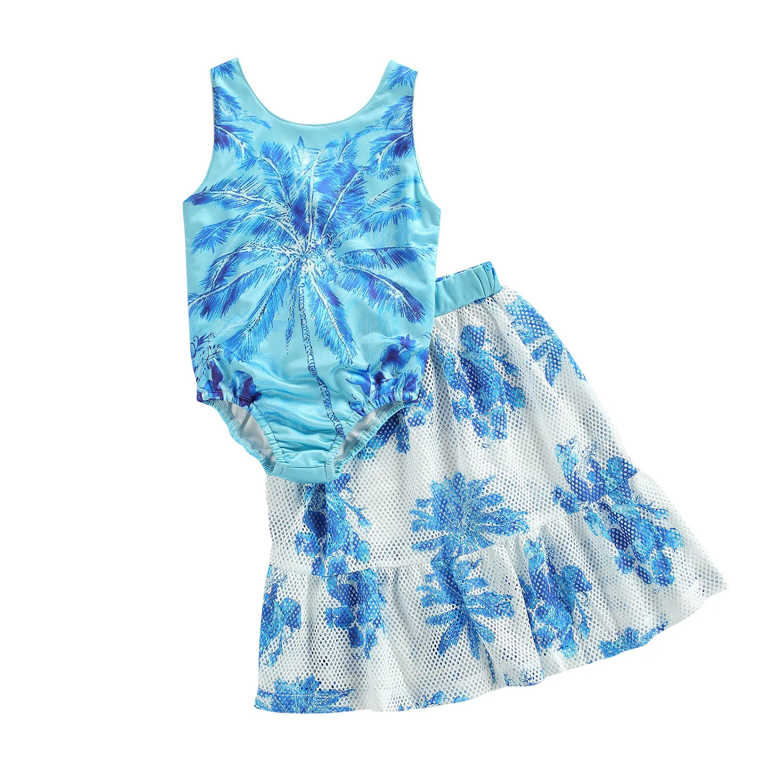 

Coconut Tree Print Sleeveless Swimwear + Hollow Short Skirt for Girls